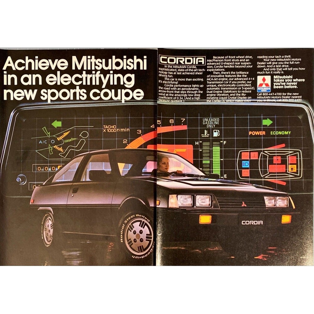 Mitsubishi Cordia "Electrifying New Sports coupe" 2-page Vintage Print Ad 1982